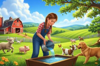 veganuary - girl feeding farm animals illustration