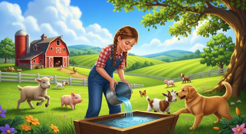 veganuary - girl feeding farm animals illustration